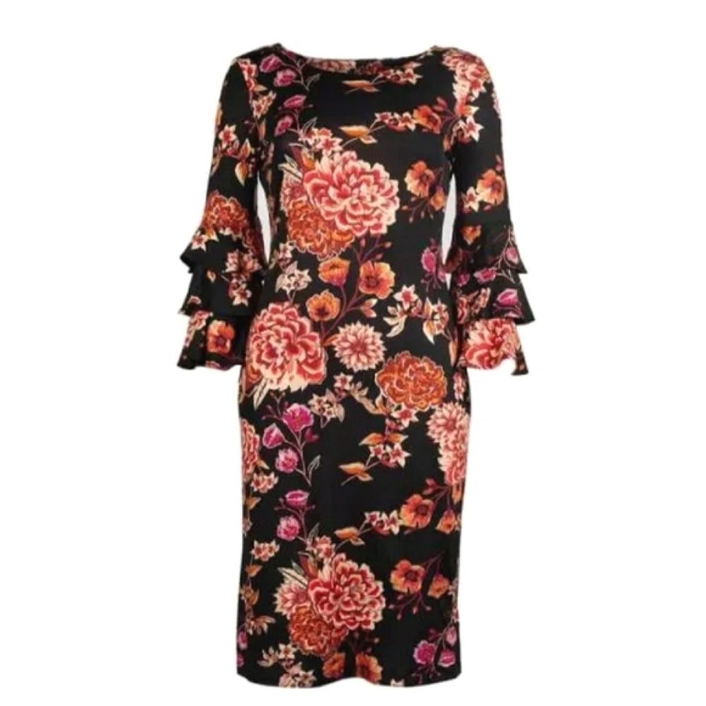 Shelby and Palmer Black Floral Dress Tiered Trumpet Sleeve